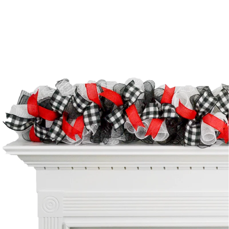 Christmas Snow Covered Village Christmas Garland for Staircase or Mantel Decor - Red, Black, and White Christmas Snow Covered Village Christmas Garland for Staircase or Mantel Decor - Red, Black, and White