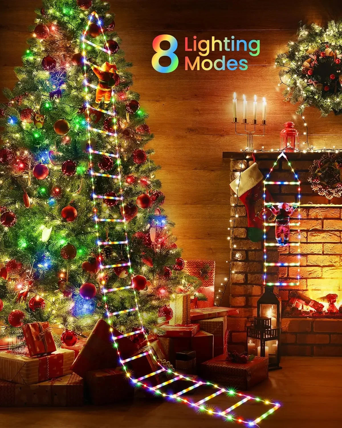 Christmas LED Ladder Lights with Climbing Santa Claus, 10ft Christmas Tree Decor Lights for Home Holiday Wall Window Xmas Decor