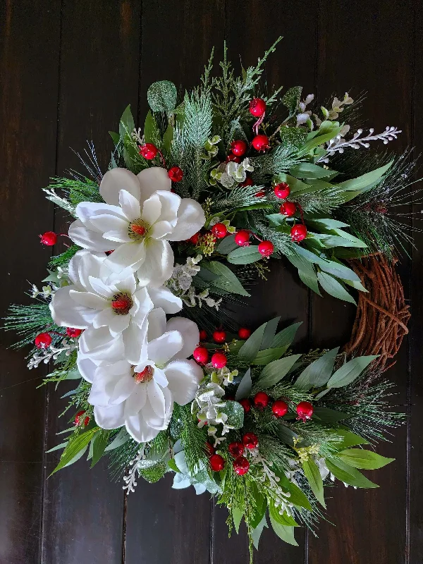 Christmas rustic country farmhouse  wreath, holiday celebration wreath, magnolia decorative wreath, winter decor, home decor, unique gift