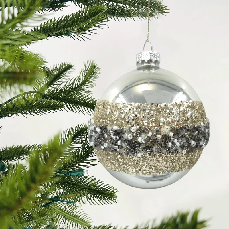 Christmas Twinkling Lights Silver Ball Ornament with Black & Champagne Glitter
