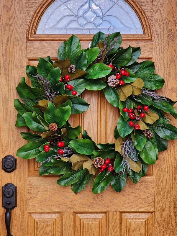 Christmas winter holiday magnolia leaf and berries grapevine wreath, hostess gift, housewarming gift, front door wreath, wall decor