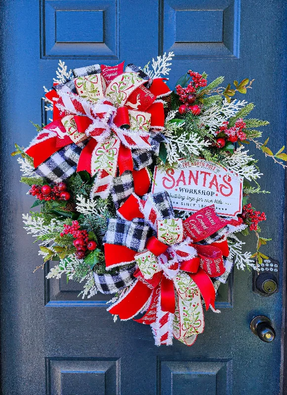 Christmas Wreath, Pine and Cedar With Frosted Greenery and Two Bows, Santa's Workshop Sign, Traditional Holiday Colors, Handmade Front Door