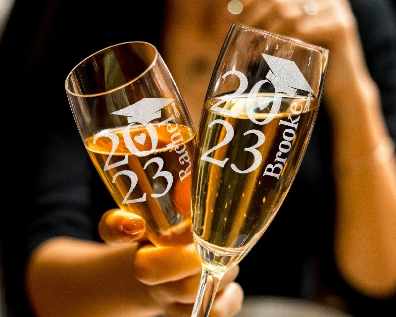 Class of 2024 Graduation Champagne Flute - Gifts for Women Men | College Dorm Room Decor | Gift Cap Graduate Toast for her Personalized