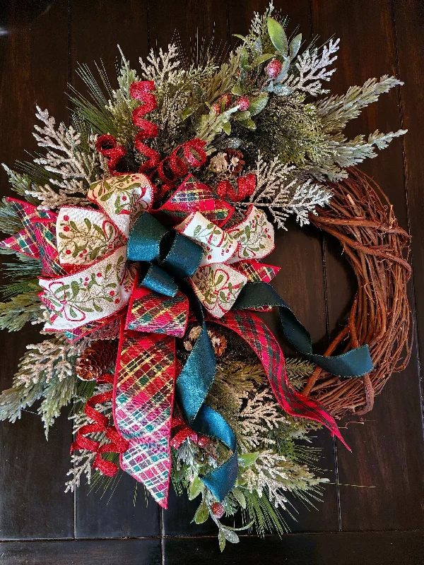 Classic grapevine Christmas wreath with bow, pine boughs with berries and ribbon holiday wreath, housewarming gift, wall decor, door hanger