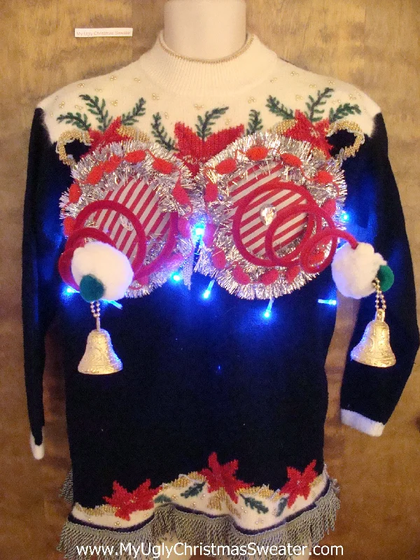 Corny Festive Naughty Ugly Christmas Sweater with Bright Lights
