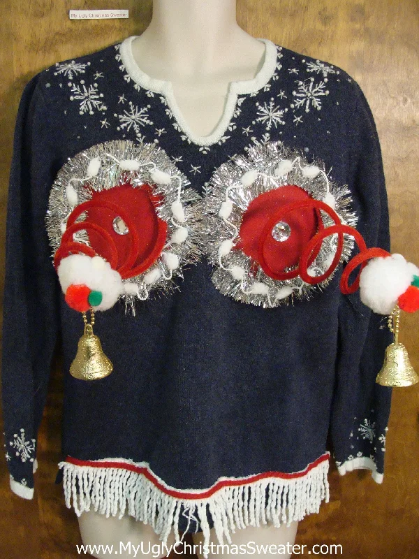 Crazy Vneck Snowflakes Naughty Ugly Christmas Sweater with Funny Fringe