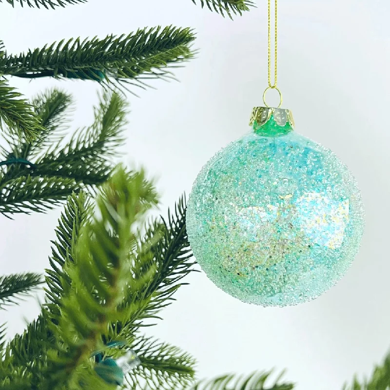 Christmas Holiday Candlelight Sea Green Crystal Ball Ornament with Sugar Beads
