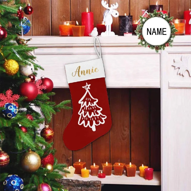 17.52in(L) Super Size-Custom Name Christmas Tree Red Background Christmas Stocking