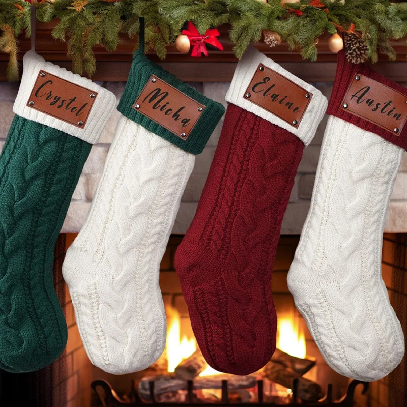 Christmas Winter Wonderland Decor Custom Name Family Christmas Stockings Leather Patch Laser Engraved knitted Hanging Christmas Socks Ornaments
