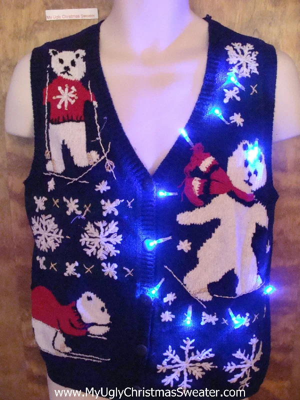 Cute Christmas Sweater Vest with Skiing Bears and Lights