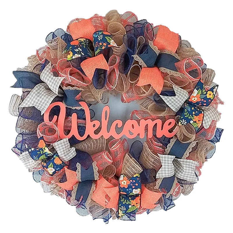Christmas Holiday Table Decorative Welcome Wreath, Home Décor Gift, Peach and Navy Blue Wreath