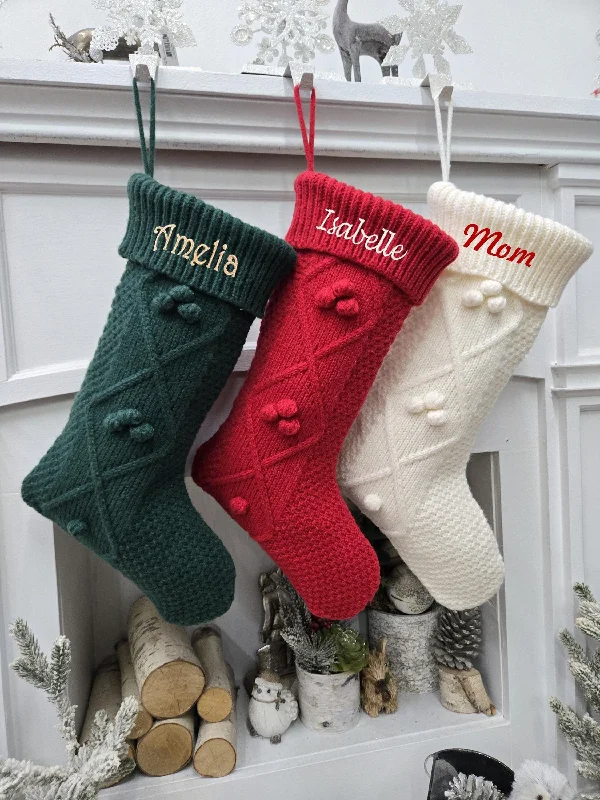 Diamond Cable Knit Christmas Stockings with pom poms| Deep Green Red Cream Knitted Classic Decor Traditional Personalized Embroidered Name