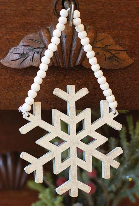 Distressed Wooden Snowflake Beaded Ornament