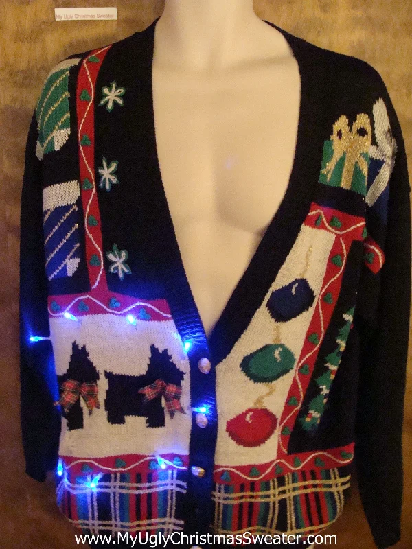 Dogs and Plaid Theme 80s Cute Christmas Sweater with Lights