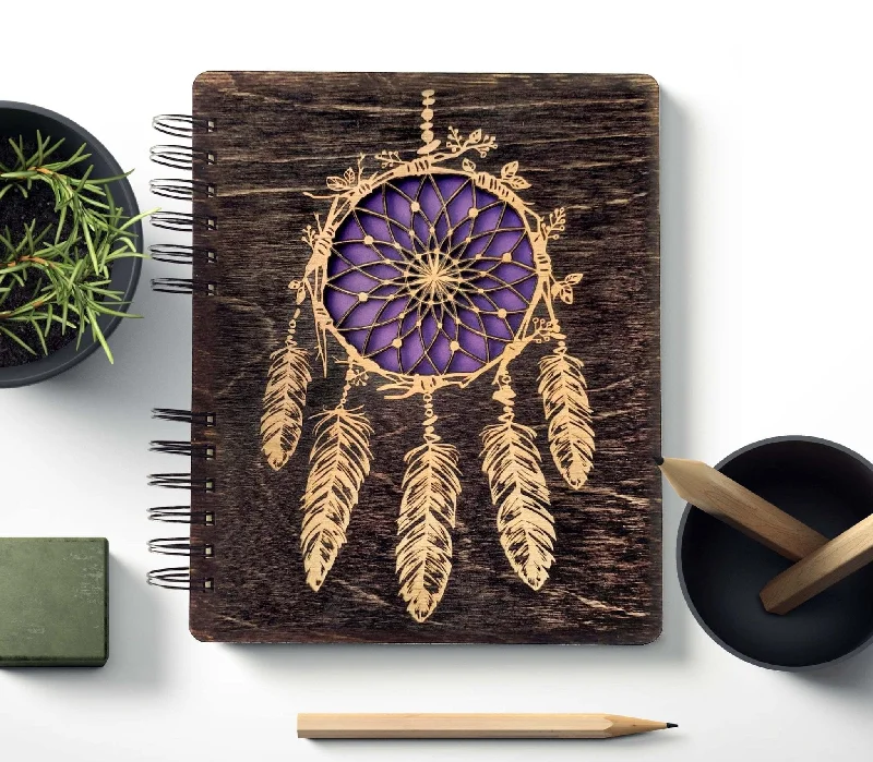 Christmas Winter Joy Dream Catcher Wooden Cut Journal Engraved Teen Notebook Back to School Womens Mens Sketchbook Wedding Bridal Shower Birthday Gift Wood