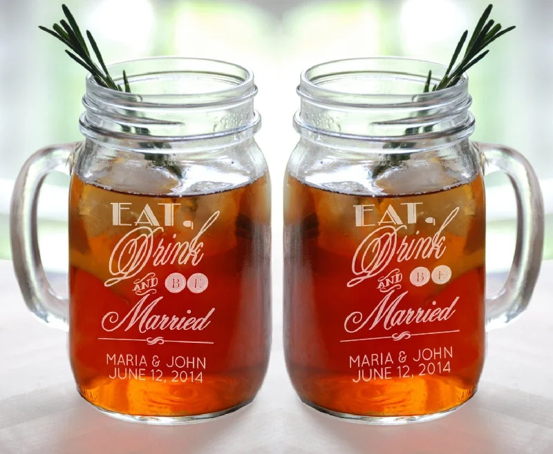 Christmas Snow Covered Trees Eat Drink and Be Married Personalized Wedding Mason Jars Engraved Wedding Favor Idea Handle Mug Drinking Glasses Set of 2 Custom Glasses