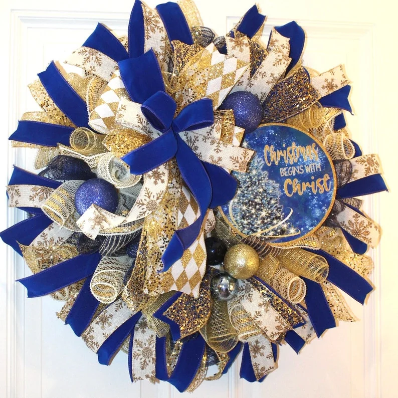 Christmas Star Tree Topper Elegant Blue and Gold Wreath Christmas Wreath