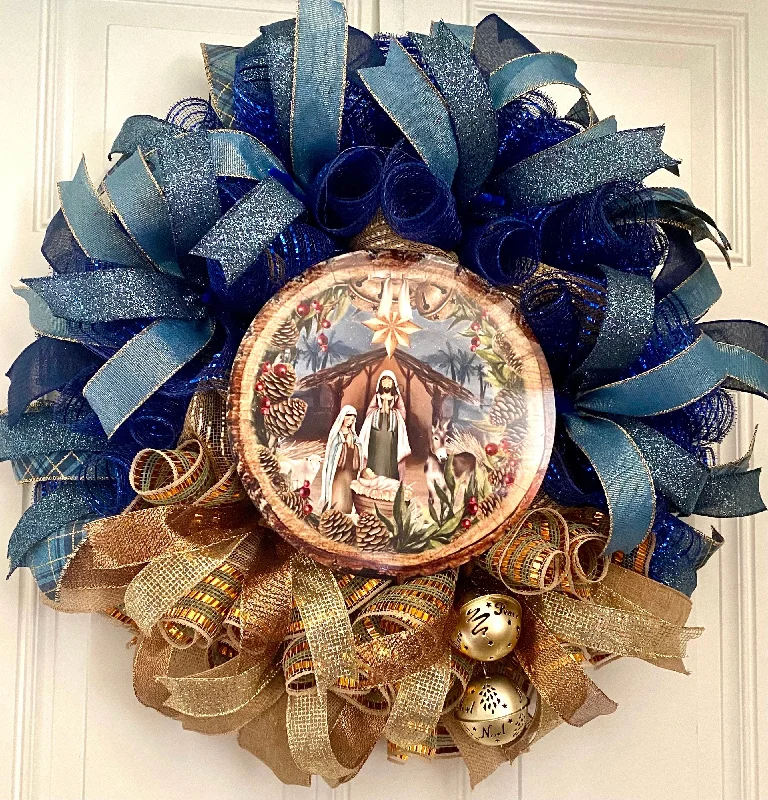 Christmas Wooden Decor Elegant Gold and Blue Nativity Wreath with Charming Gold Bell Embellishments Christmas Wooden Decor Elegant Gold and Blue Nativity Wreath with Charming Gold Bell Embellishments