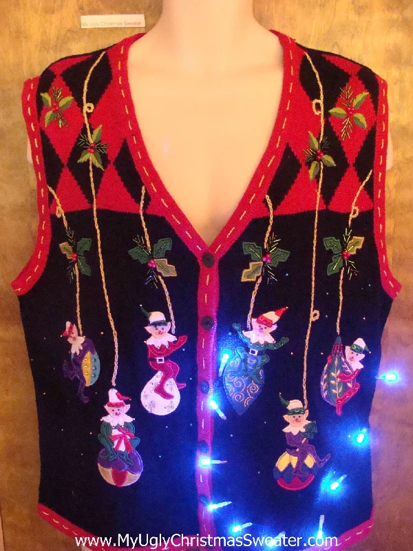Elves on Ornaments Cute Christmas Sweater Vest with Lights