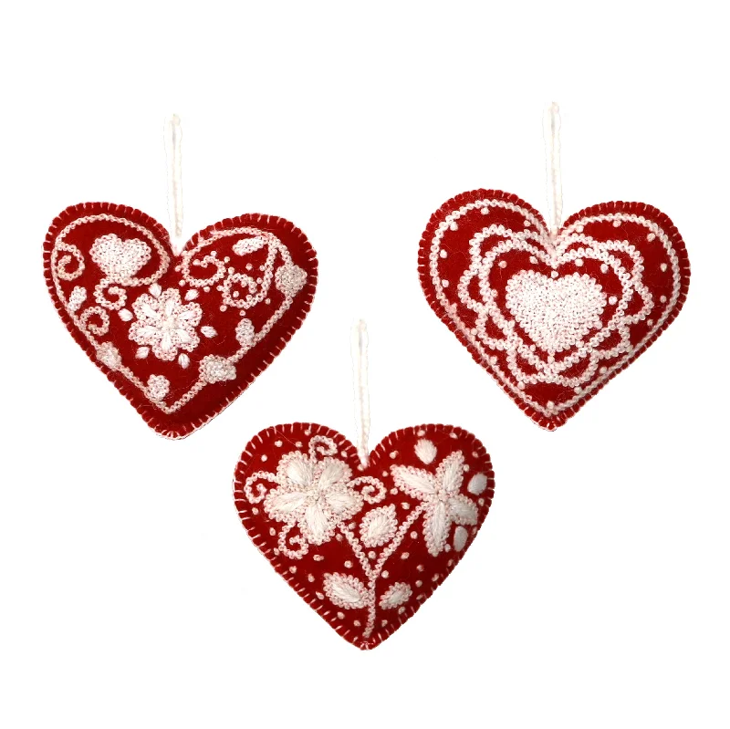 Christmas Magical Scenery Embroidered Heart Ornaments, Set of 3