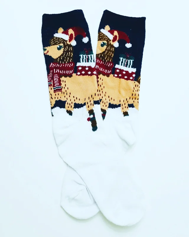Christmas Snowfall Scene Llama Presents Crew Socks