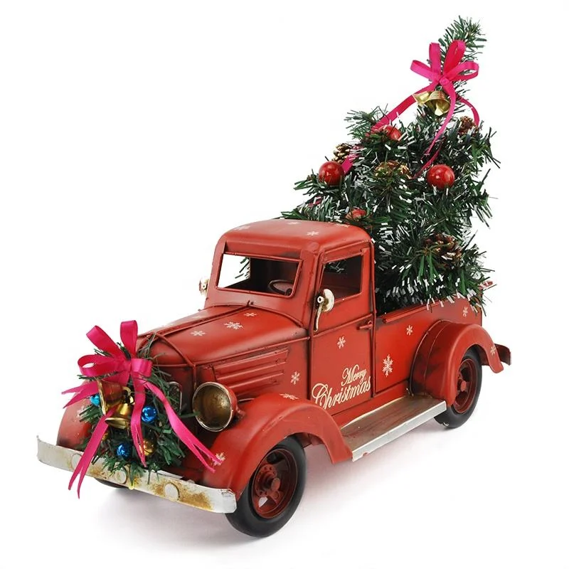 Christmas Fireplace Ambience Farmhouse Red Truck Metal Truck with Christmas Tree