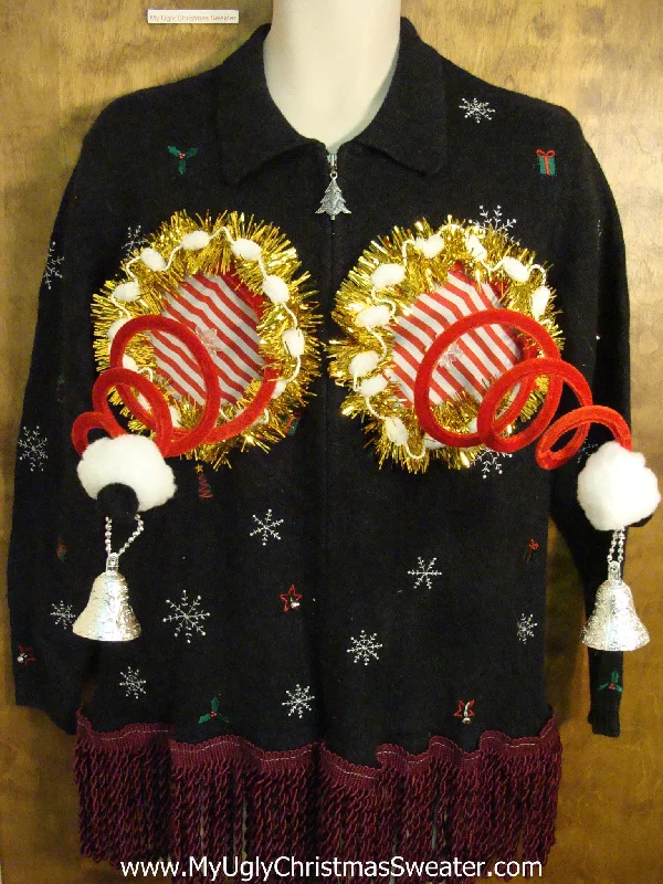 Festive Black Ugly Christmas Jumper Naughty Sweater with Swooshing Fringe
