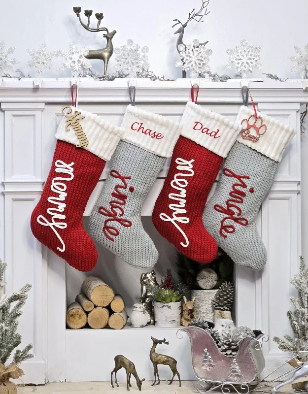 Festive Jingle & Merry Knit Christmas Stockings | Red Grey White Holiday Decor Classic Traditional Personalized Embroidered Name or Wood Tag