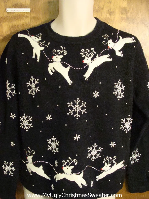 Christmas Glittering Stars Flying Reindeer Classic Ugly Christmas Sweater
