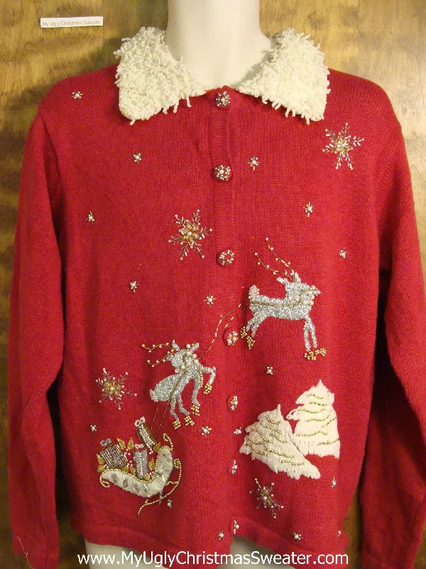 Christmas Starry Skies Flying Reindeer Red Ugly Christmas Sweater