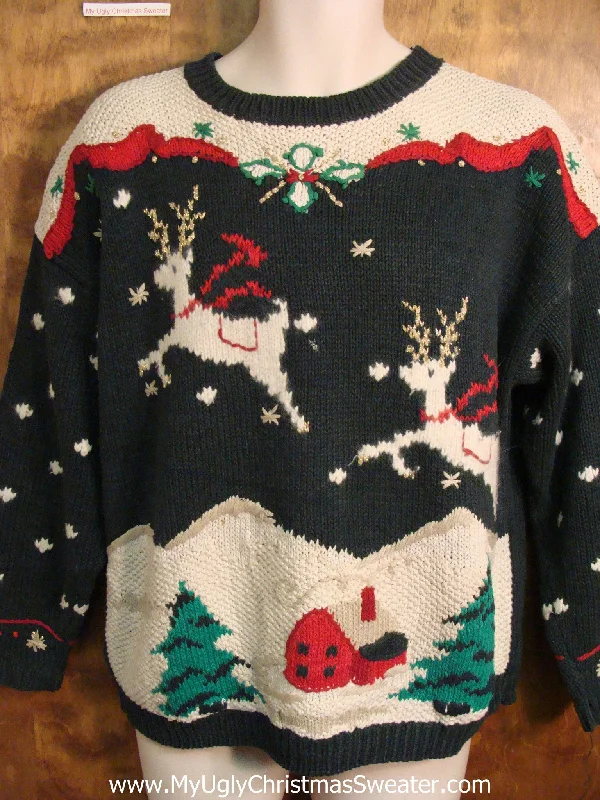 Christmas Evergreen Trees Flying Reindeer Ugly Christmas Sweater