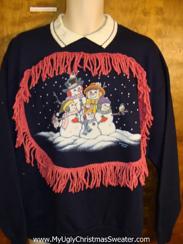Christmas Nostalgic Moments Funny Christmas Sweatshirt with Snowman Family and Fringe