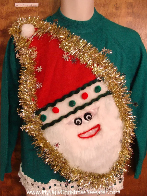 Christmas Winter Joy Furry Faced Santa Tacky Christmas Sweater with Fringe