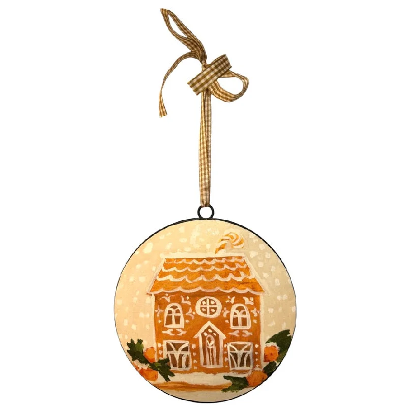 Christmas Snowman Building Gingerbread House Metal Disc Ornament