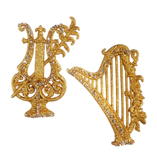 Christmas Holiday Greetings Gold Glitter Lyre and Harp Ornaments