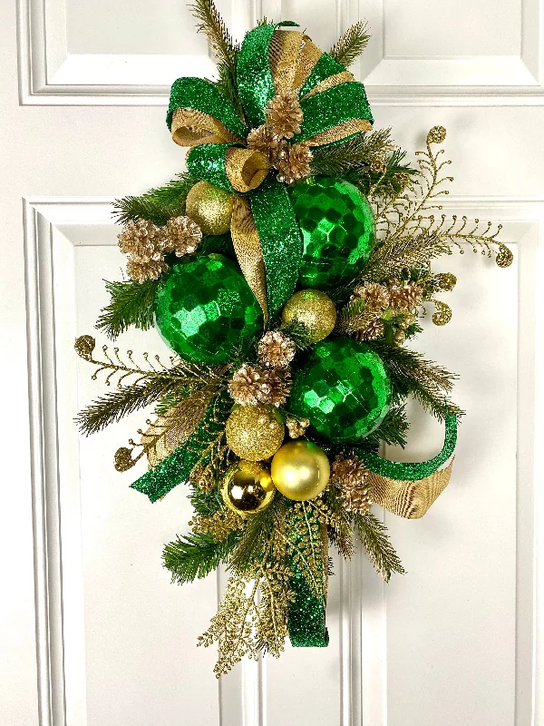 Christmas Handmade Crafts Green Gold Holiday Swag, Christmas Ornament Wreath