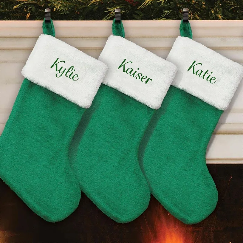 Green Plush Embroidered Christmas Stocking