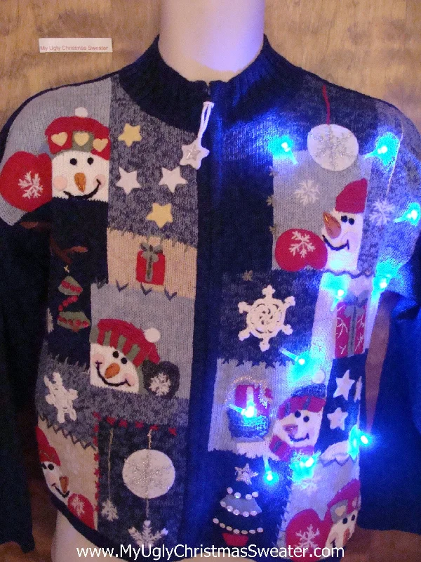 Happy Snowmen Blue Light Up Ugly Christmas Jumper