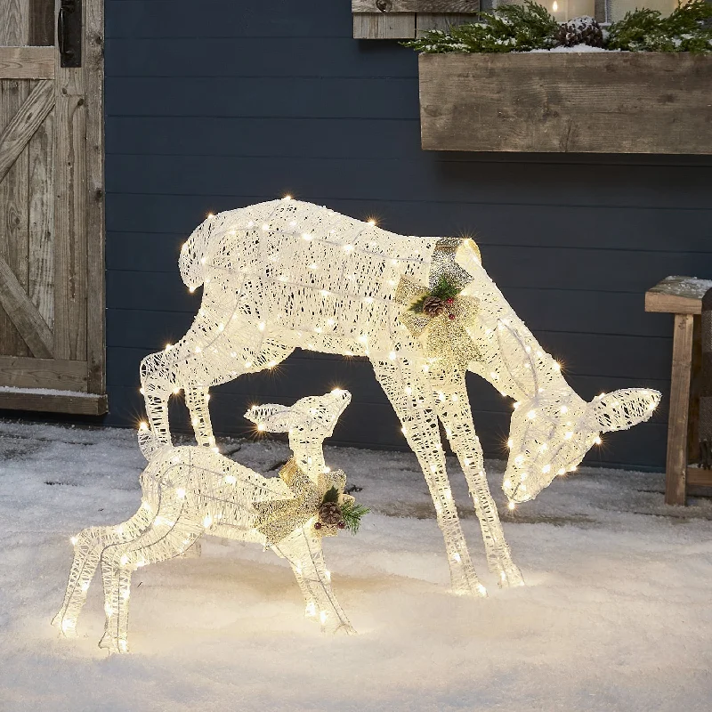 Christmas Snowfall Bliss 72cm Harewood White Glitter Doe & Fawn LED Light Up Reindeer Duo