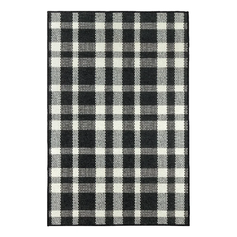 Houston Plaid Black Machine Washable Rug