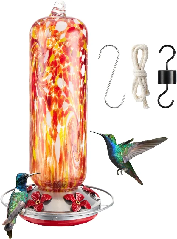 Hummingbird Feeder Glass, 28fl.oz Hummingbird Feeders for Outdoors Hanging, 5 Feeding Ports & Perch Ring, Hand Blown, Hummingbirds Gifts, Garden Decor, incl. S Hook, Ant Moat, Rope