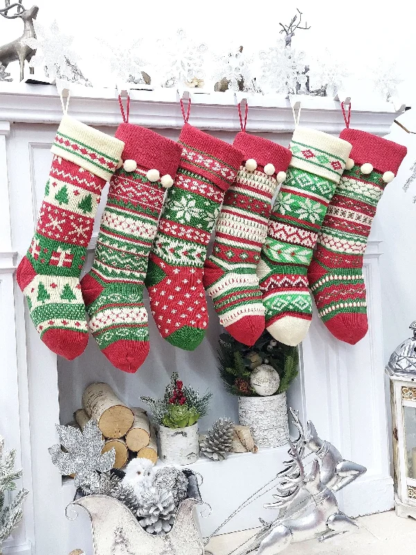 Christmas Holiday Greetings Ivory/Red/Green Knitted Christmas Stockings | Snowflakes Presents Tree Traditional Festive Fun Xmas Decor Personalized Embroidered Name