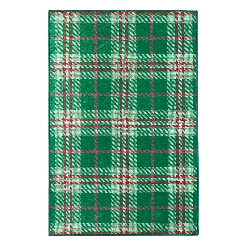 Jolly Plaid Green Machine Washable Rug