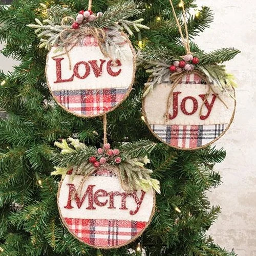Christmas Green Wreath Joy, Love, Merry Christmas Snowy Check Ornament Sign, 3/Set