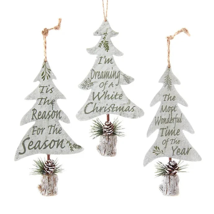 Christmas Starry Skies Kurt Adler Wooden Ivory and Sage Tree With Saying Ornaments