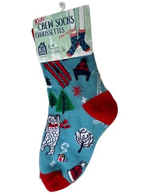 Christmas Candle Warmth Children's Christmas Socks - Vintage Ski Blue Red-2-4yr