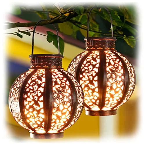 2 Pack Hanging Solar Lights,Outdoor Ramadan Solar Lanterns Decorations,Waterproof Hanging Solar Light 6 Lumens,Brown