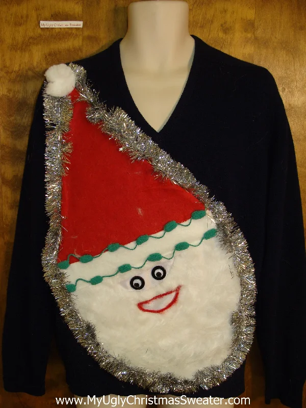 Christmas Glittering Stars Mens Furry Faced Santa Tacky Christmas Sweater