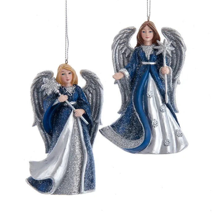 Christmas Evergreen Trees Midnight Blue Glittered Angel Ornaments