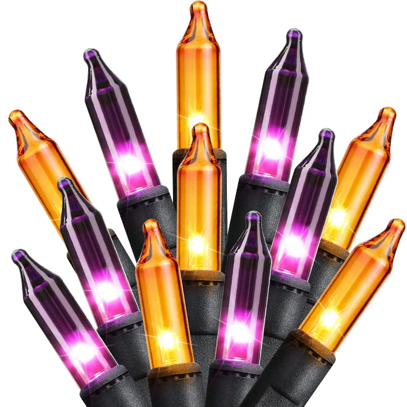 Christmas Star Tree Topper Mini Lights, Incandescent Bulbs on Black Wire, Orange & Purple